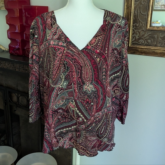 Y2K George Womens 22W/24W Mesh Stretch Paisley Print VNeck Top 3/4BellSleeve 108 - Picture 1 of 9